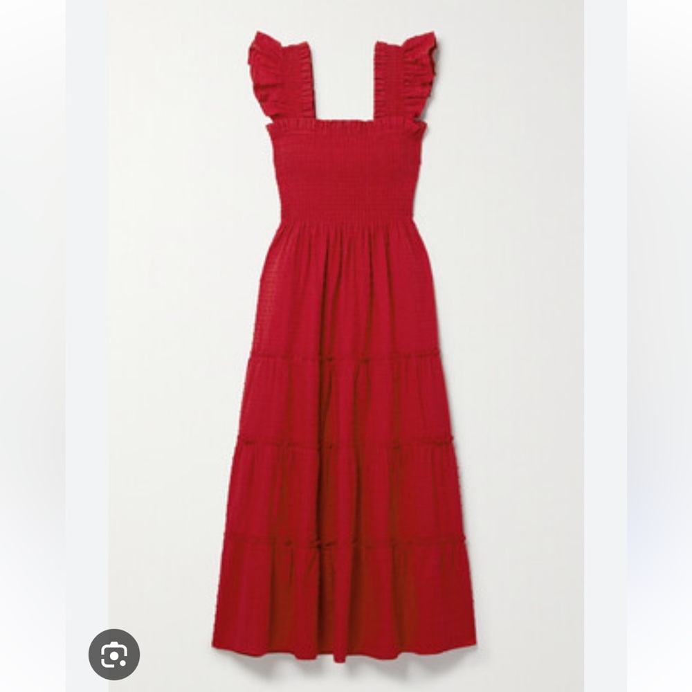 Hill House Scarlet Red Midi Dress with Ruffled Straps